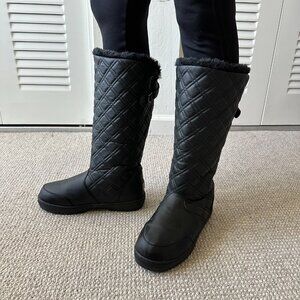 Black Quilted Twin Strap Back Tall Buckle Fur Lined Snow Boots